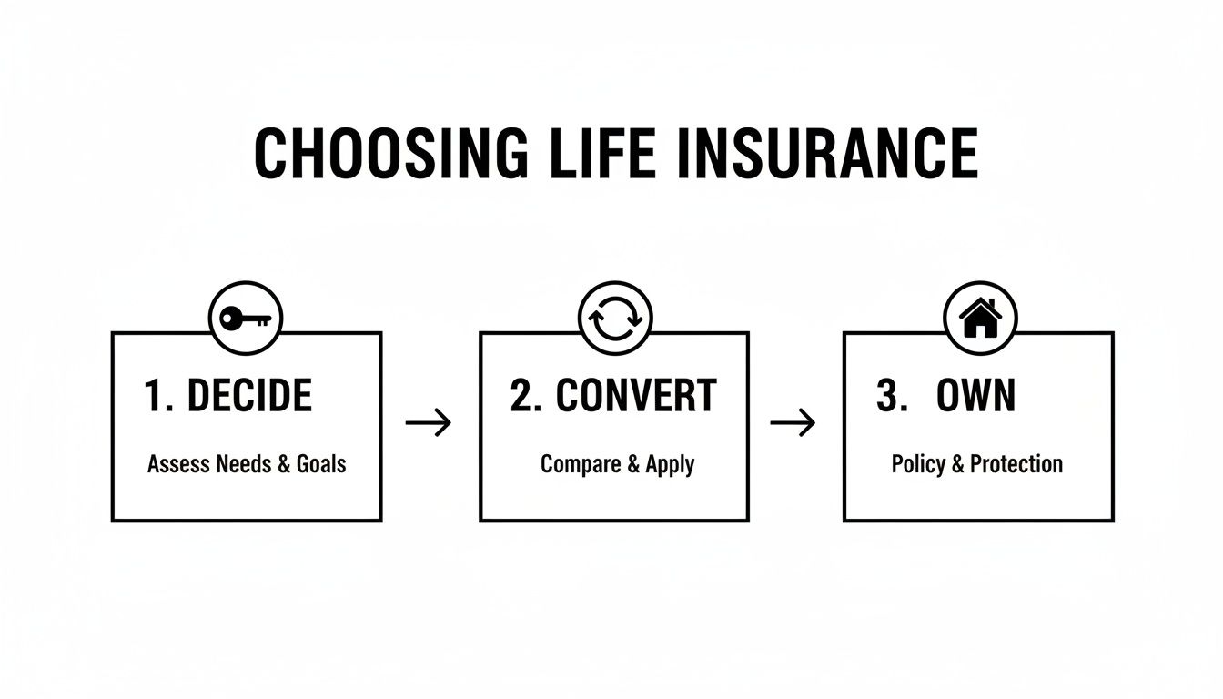 Flowchart showing three steps for choosing life insurance: Decide, Convert, Own, with icons.
