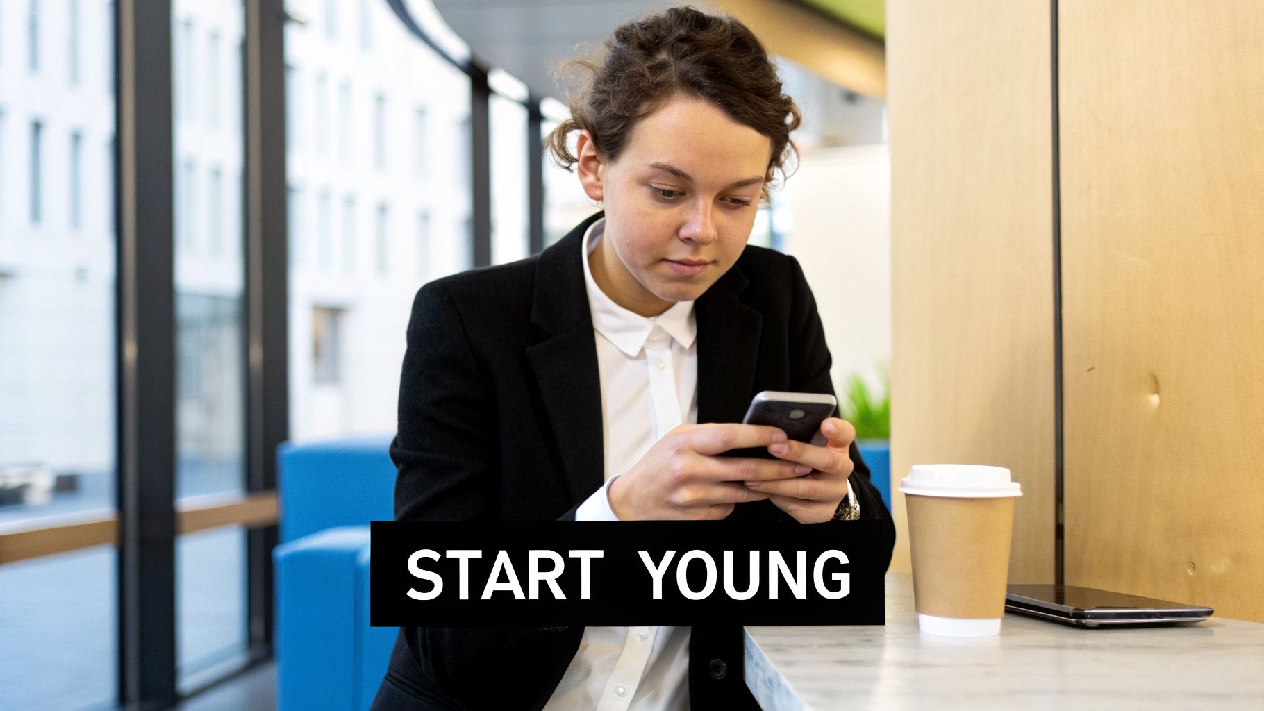 A young woman in a blazer uses her smartphone at a table with coffee, text 'START YOUNG' overlay.