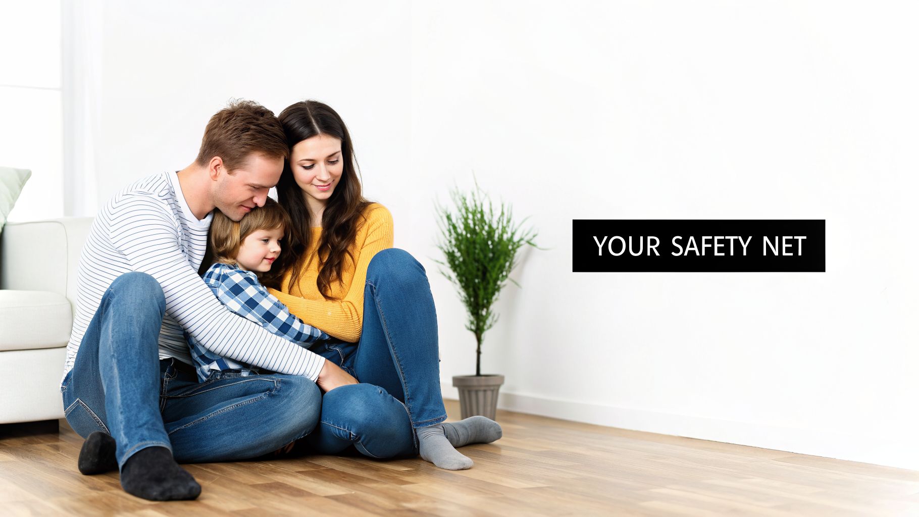 A loving family of three, including a mother, father, and young child, sits on a wooden floor next to text 'YOUR SAFETY NET'.