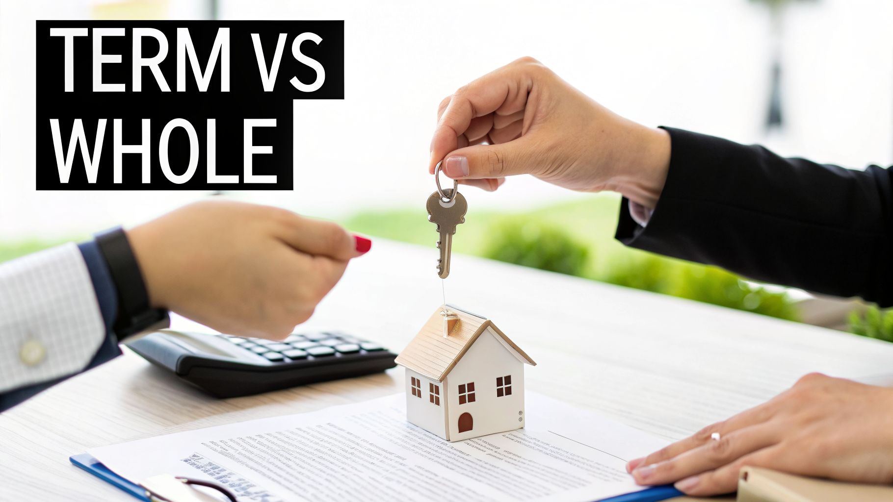 Hands exchanging a house key over a miniature house, with 'TERM VS WHOLE' text overlay.