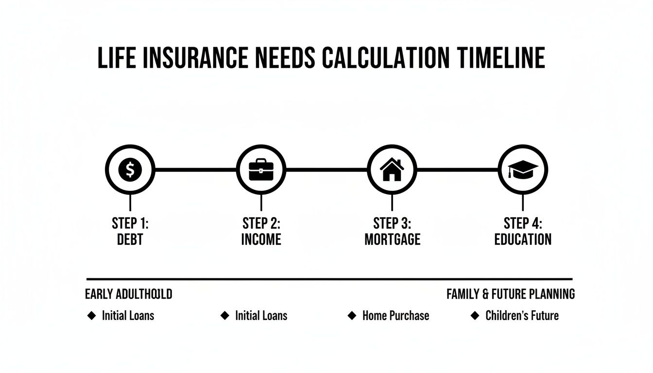 Timeline illustrating four steps for life insurance needs calculation: Debt, Income, Mortgage, and Education.
