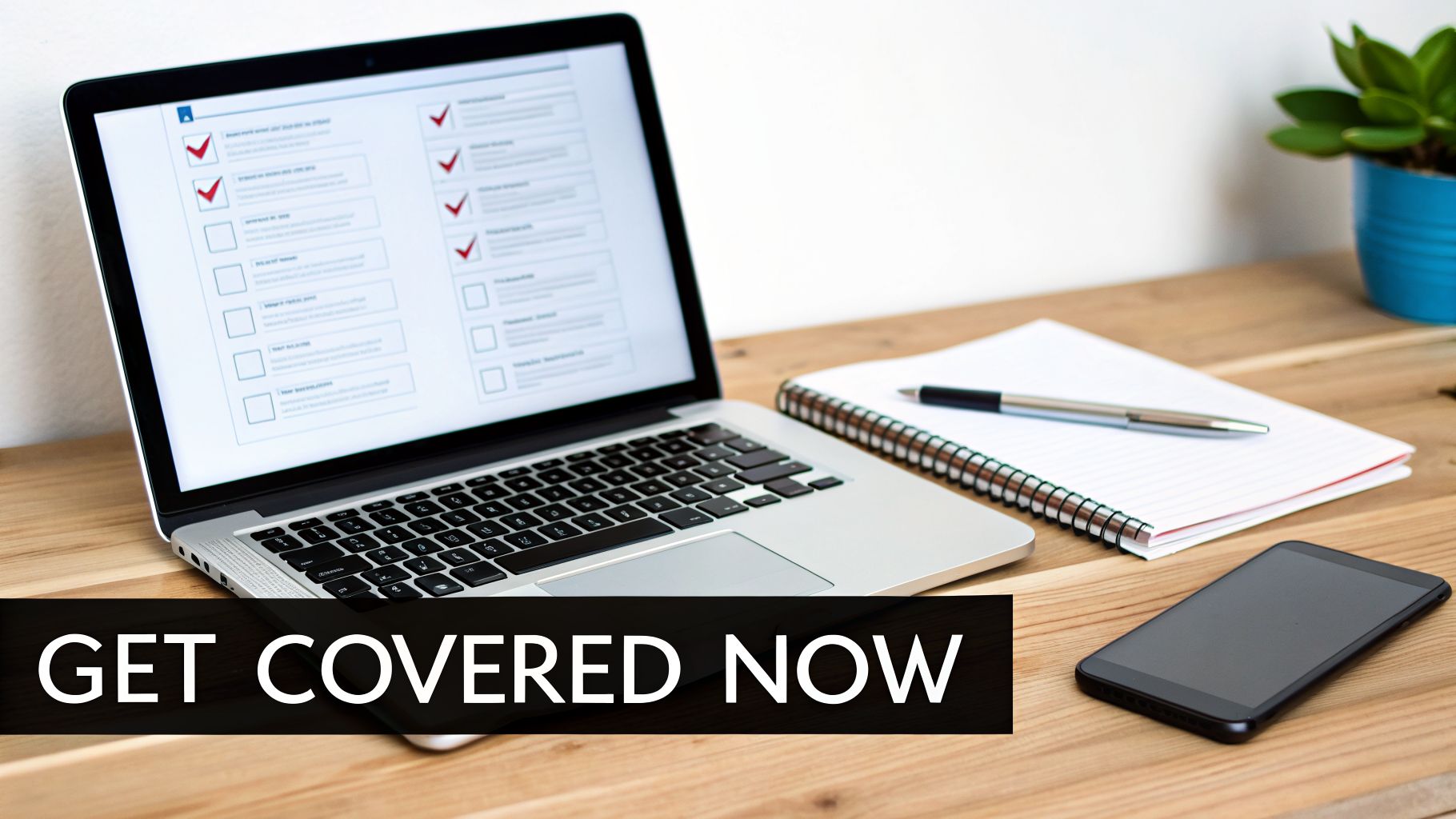 A laptop on a wooden desk displays an online checklist, with a notebook, pen, and smartphone nearby, suggesting a digital application process.
