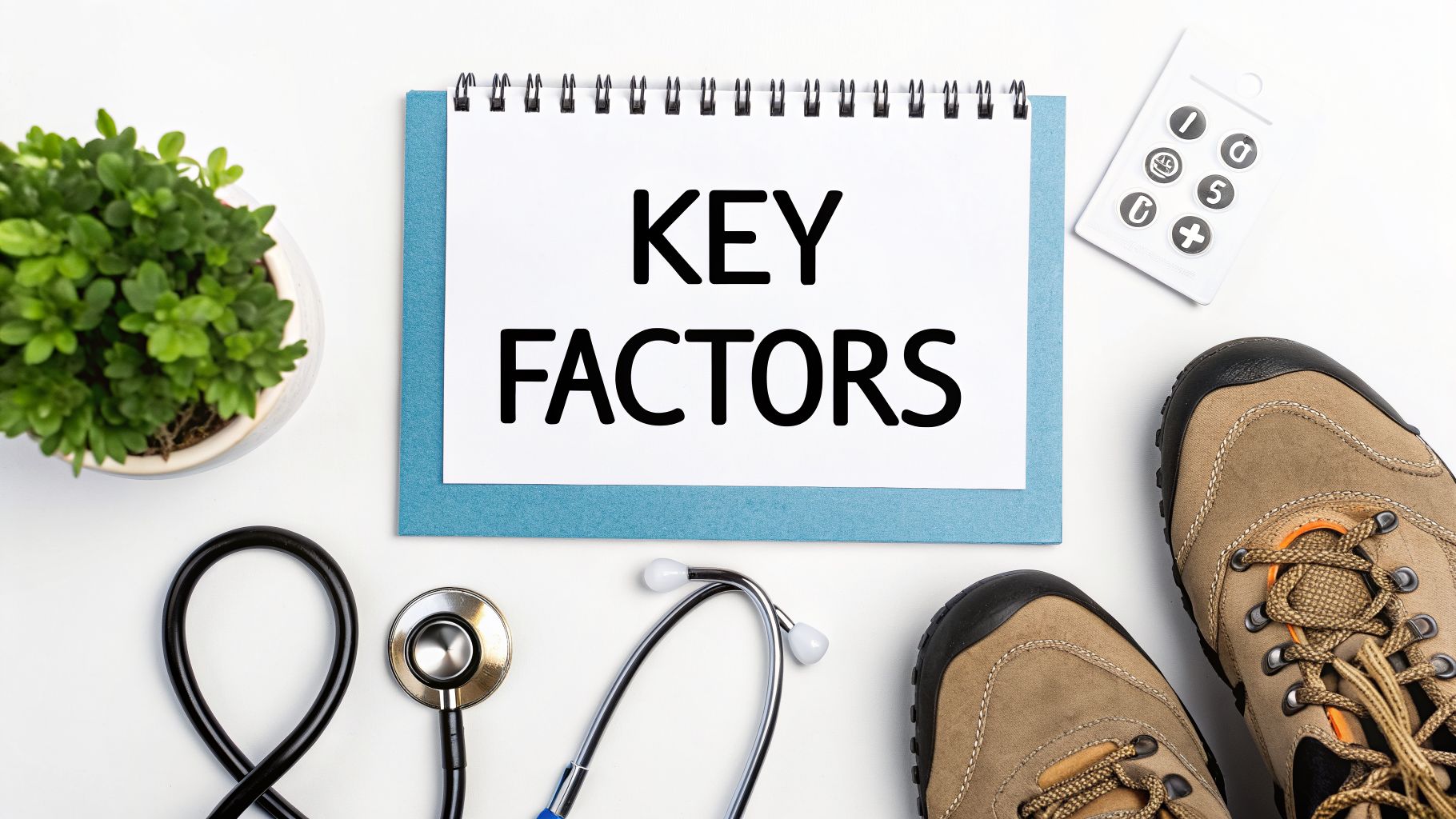 Flat lay of notepad with 'KEY FACTORS', plant, calculator, hiking boots, and stethoscope.