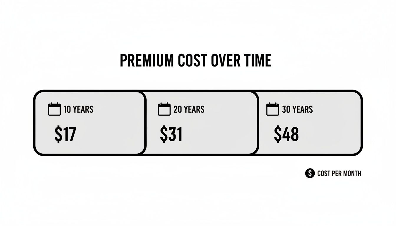 Monthly term life insurance premium costs: $17 for 10 years, $31 for 20, and $48 for 30 years.