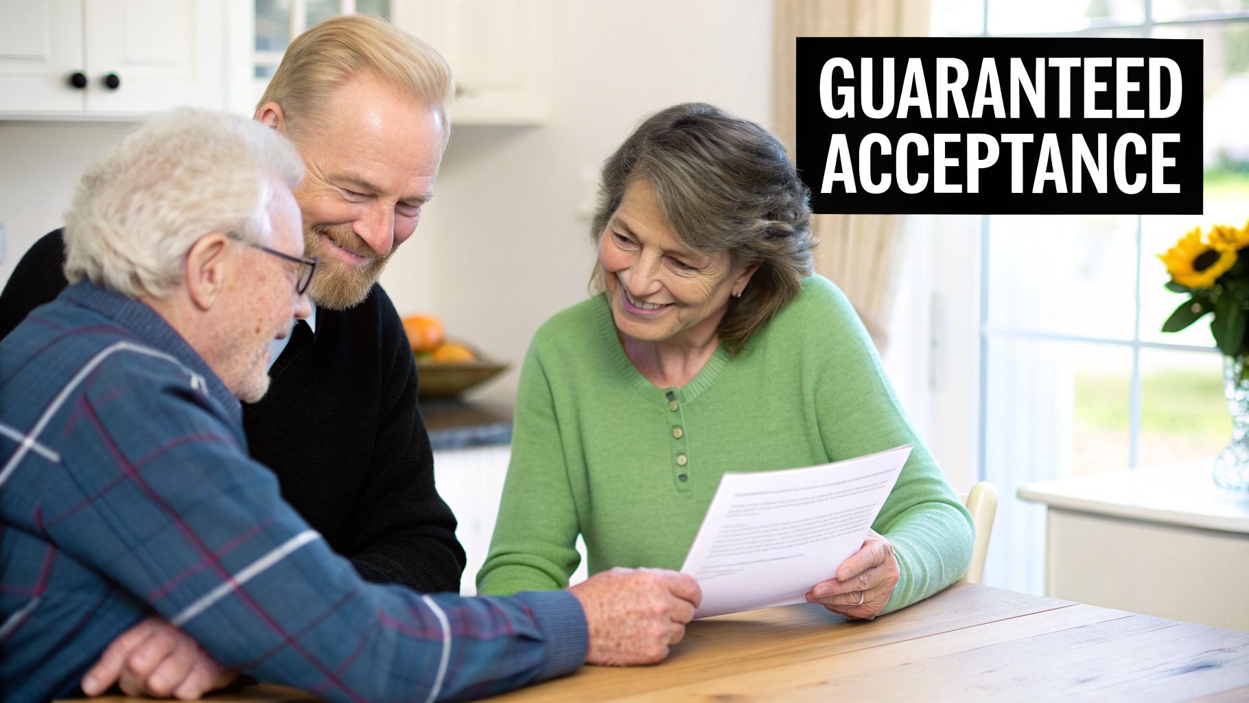 Three smiling older adults, two men and one woman, reviewing a document together at a table.