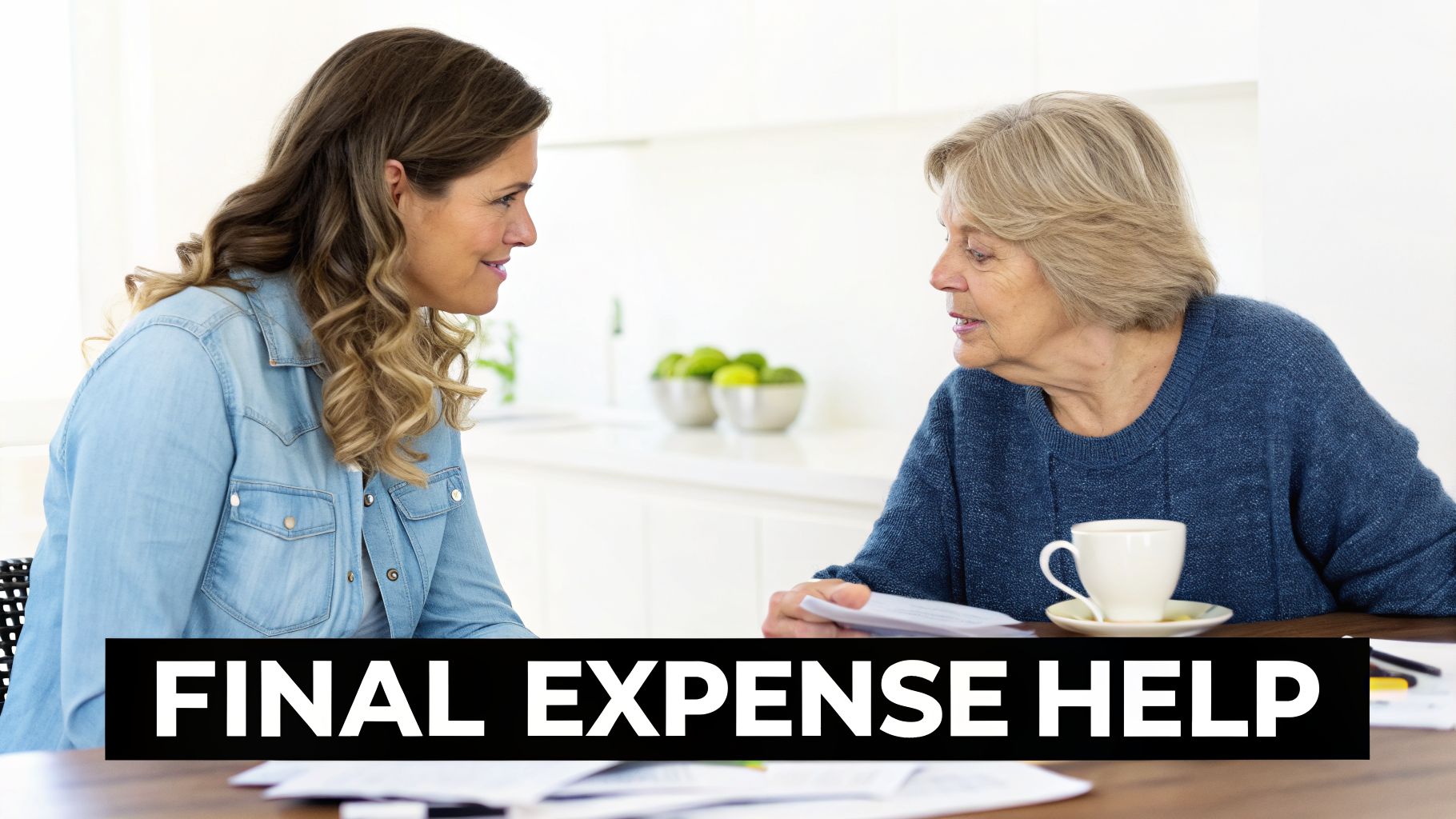 Two women discussing financial matters at a table, with text 'FINAL EXPENSE HELP'.
