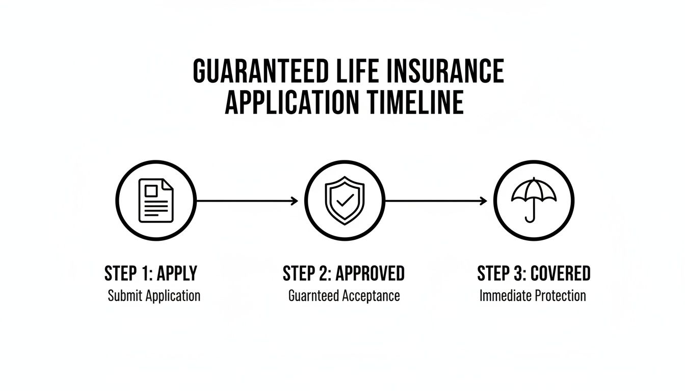 Timeline showing three steps for guaranteed life insurance application: apply, approved, and covered with immediate protection.