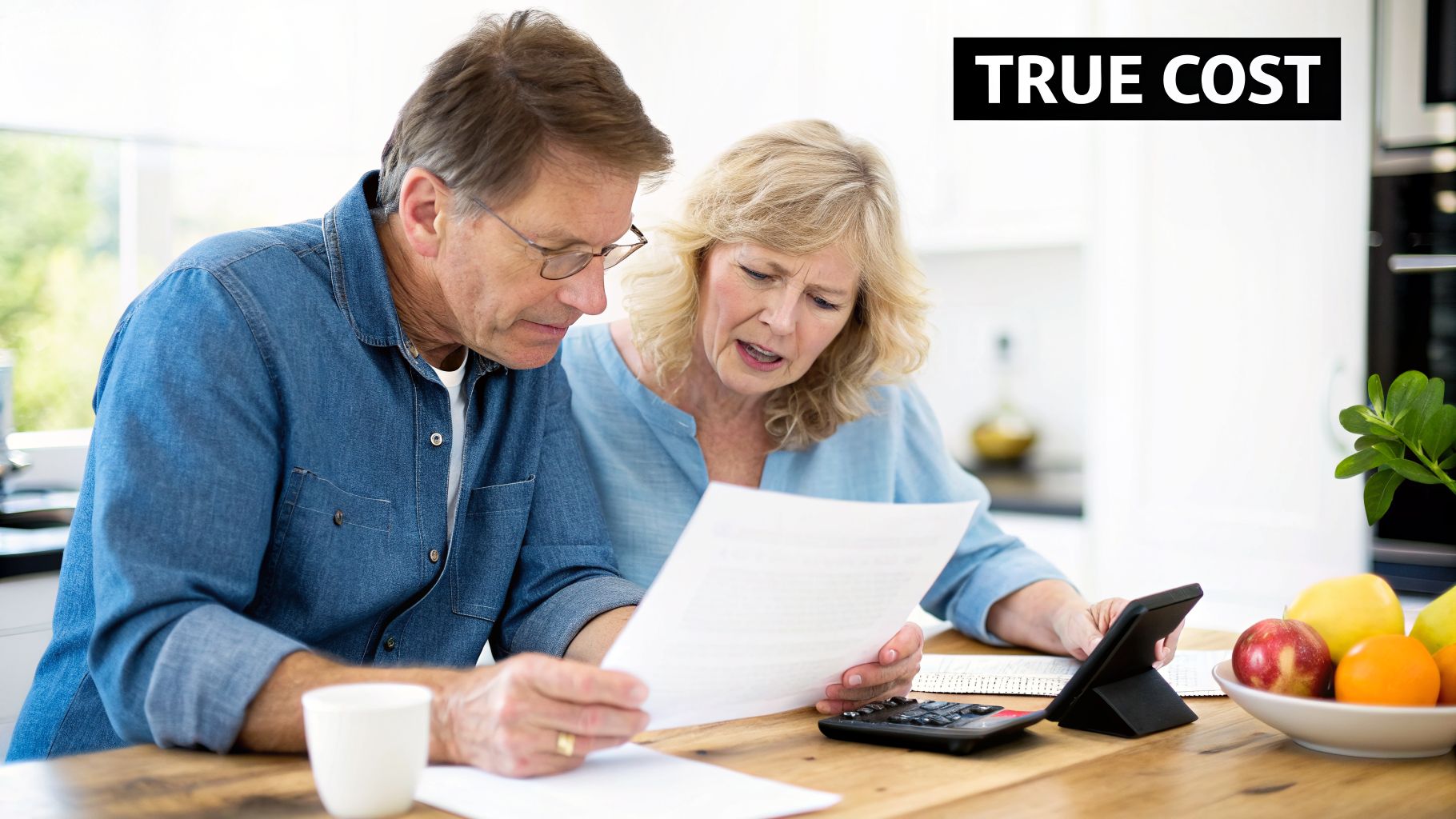 A concerned senior couple reviews financial documents and a calculator at a kitchen table.
