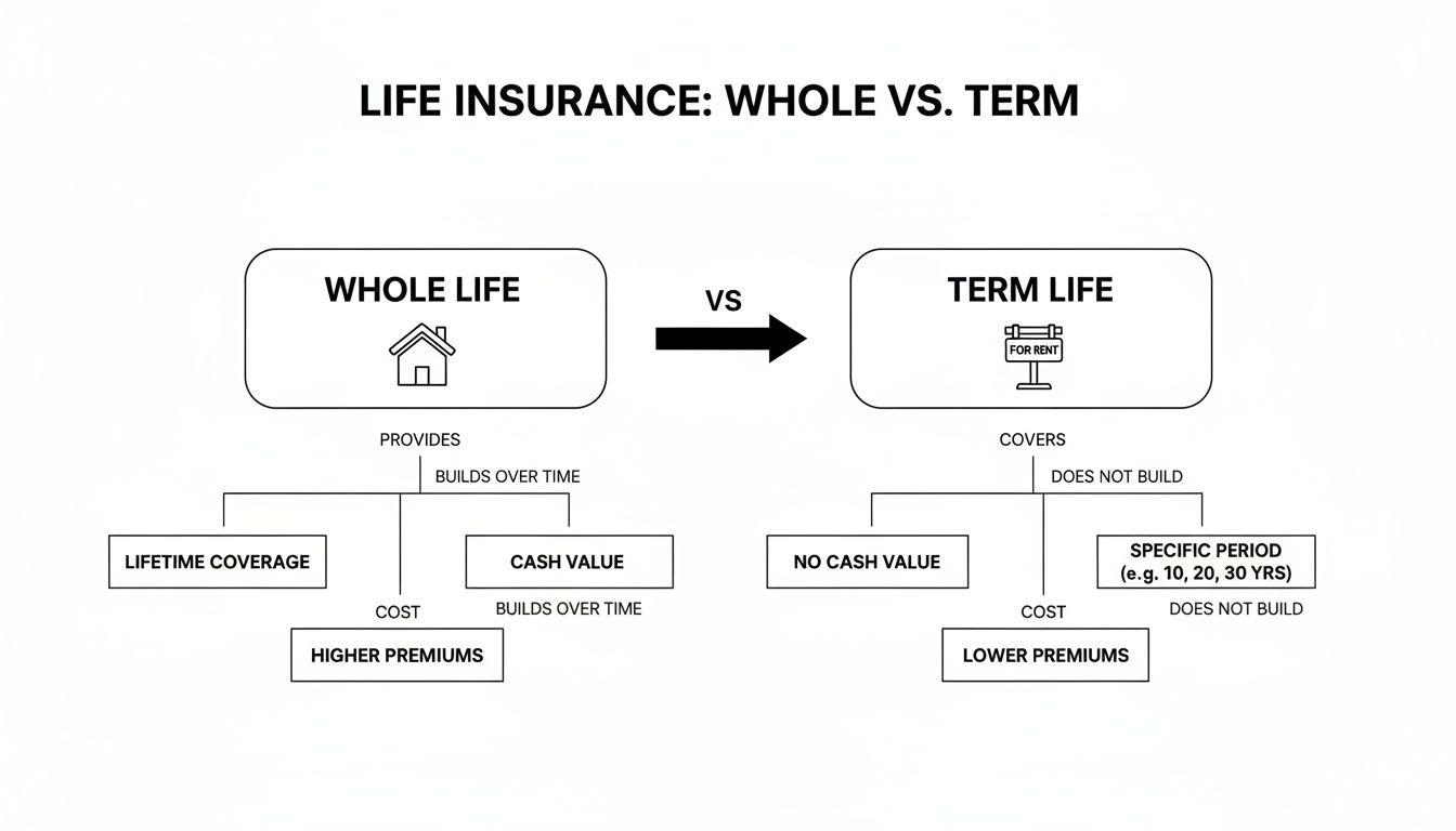 Diagram comparing Whole Life vs. Term Life insurance, showing features like coverage, cash value, and premiums.
