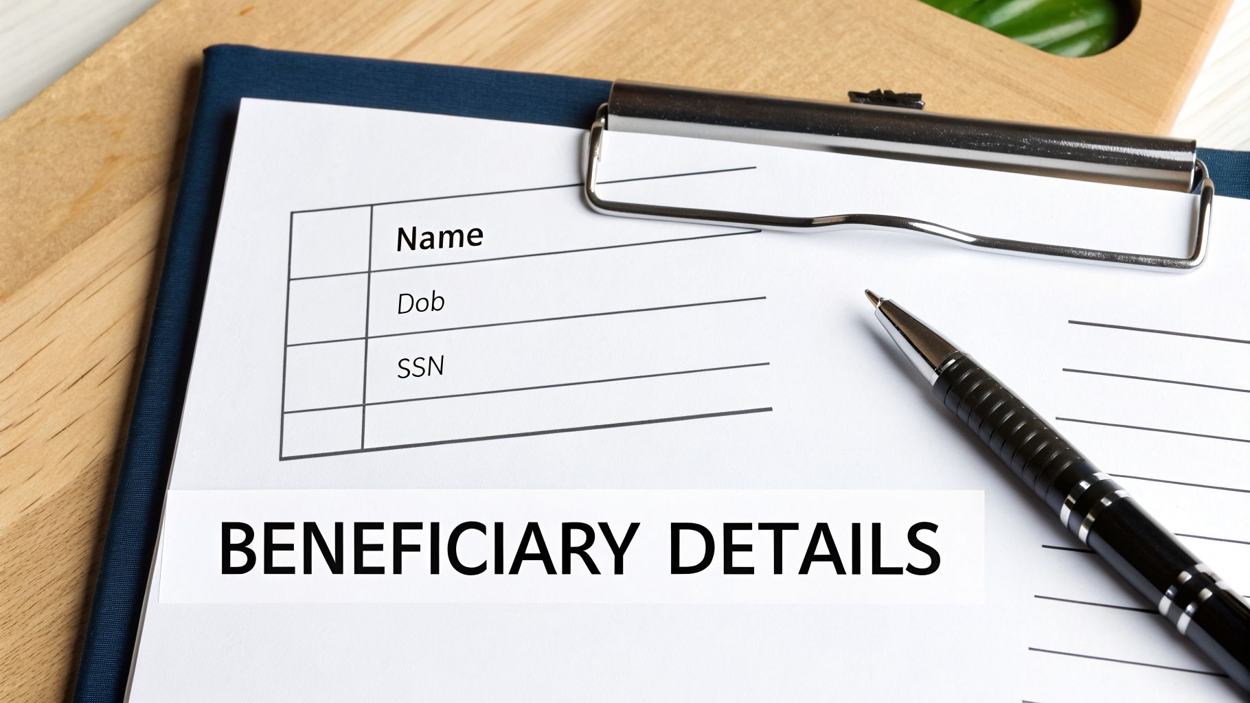 A clipboard with a form for beneficiary details, including name, DOB, and SSN fields.