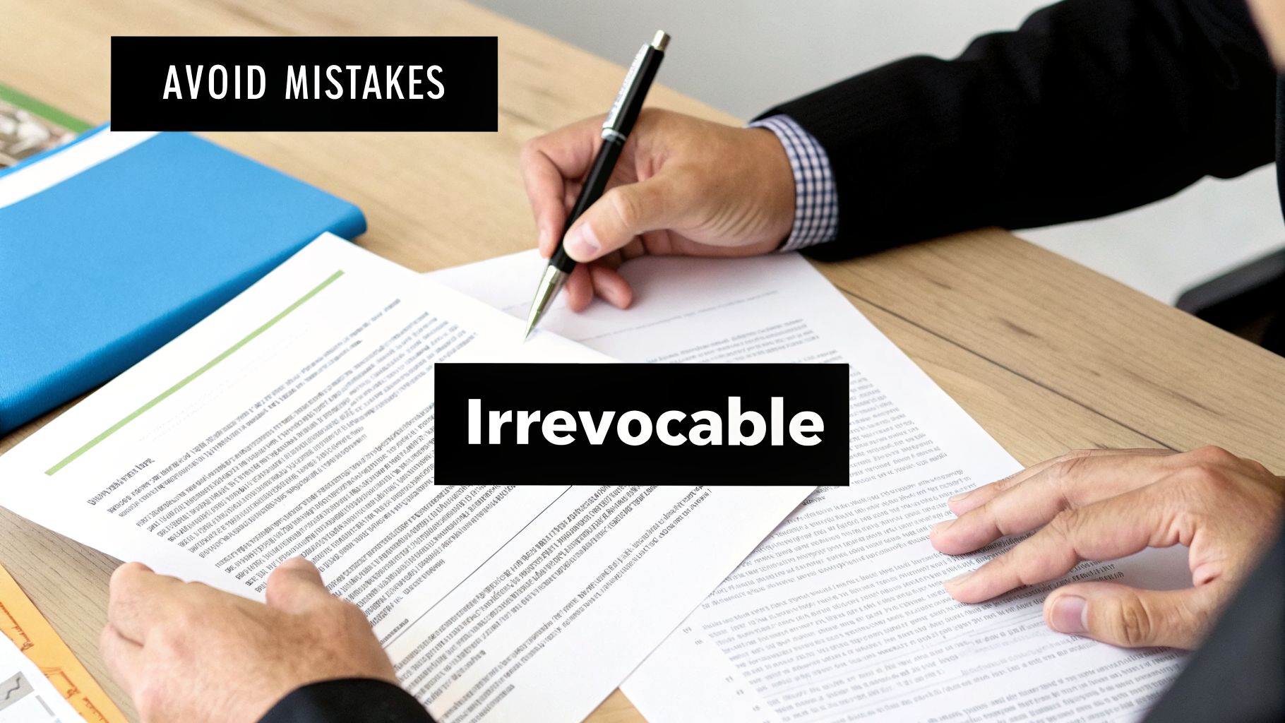 A person is signing important, irrevocable documents on a wooden desk to avoid mistakes.