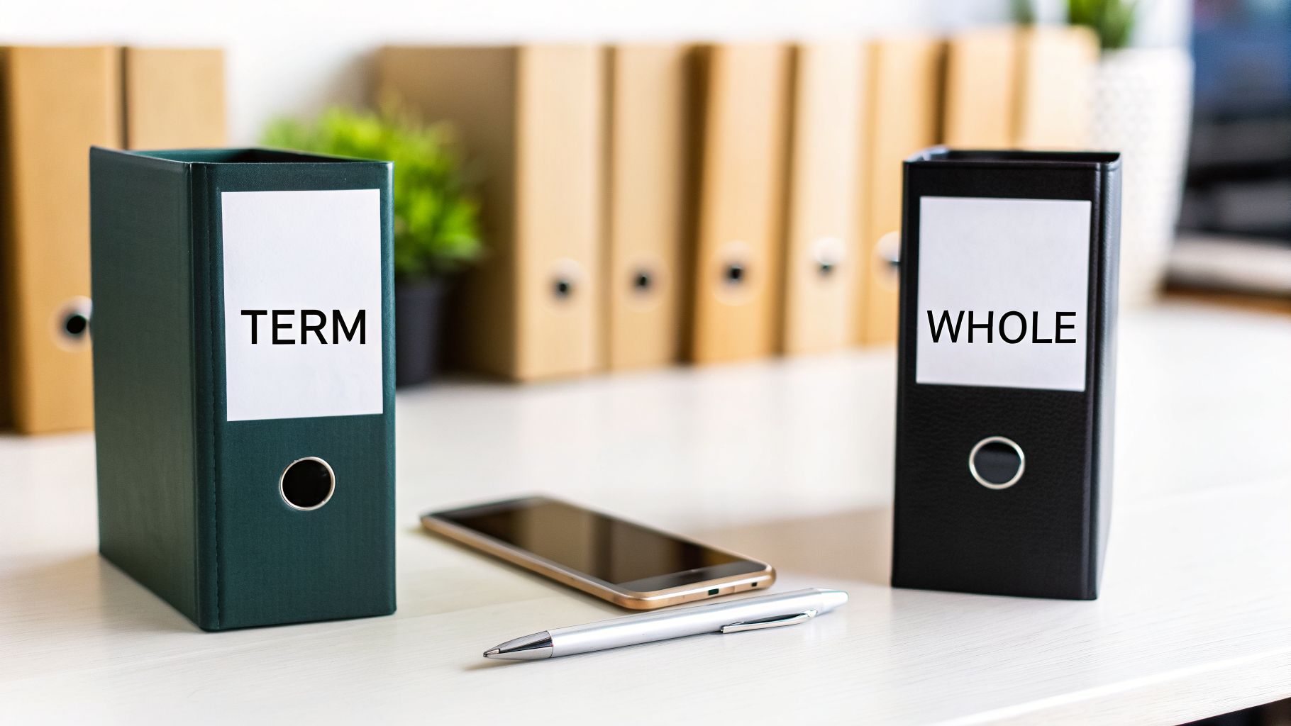 Two binders labeled 'TERM' and 'WHOLE' on a white desk, illustrating life insurance options.