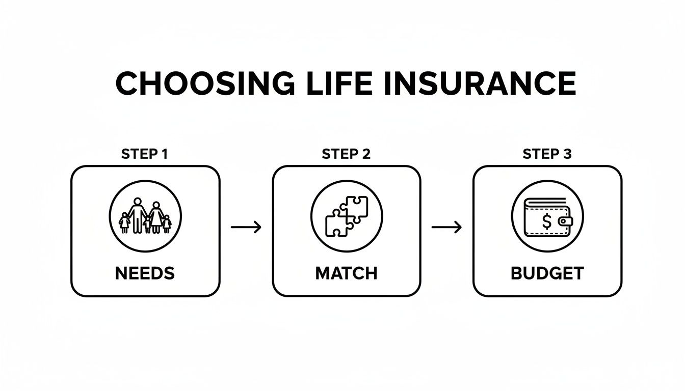 A three-step infographic outlining how to choose life insurance: needs, match, and budget.