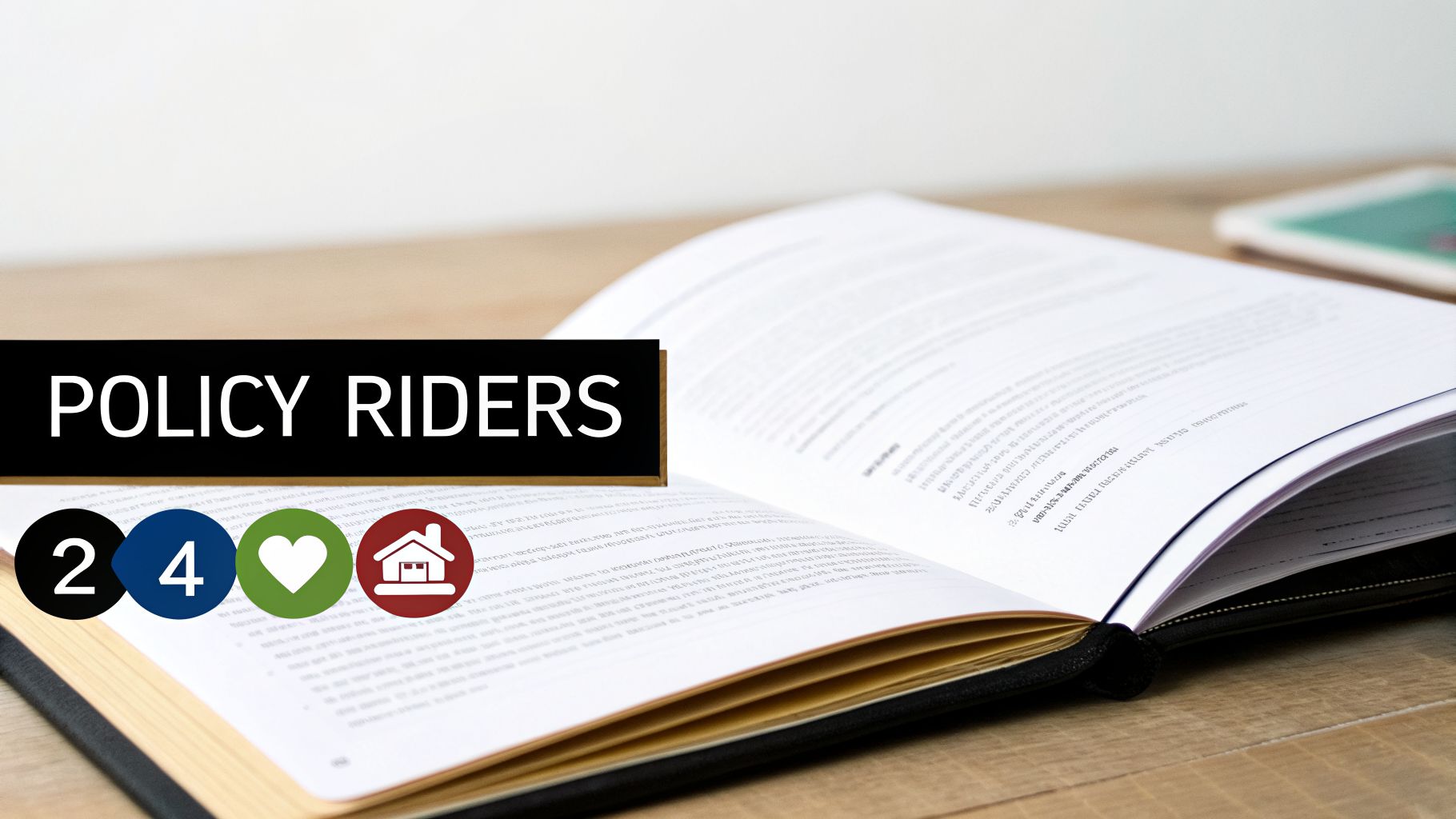 A black banner with 'POLICY RIDERS' above an open book showing icons for various insurance options.