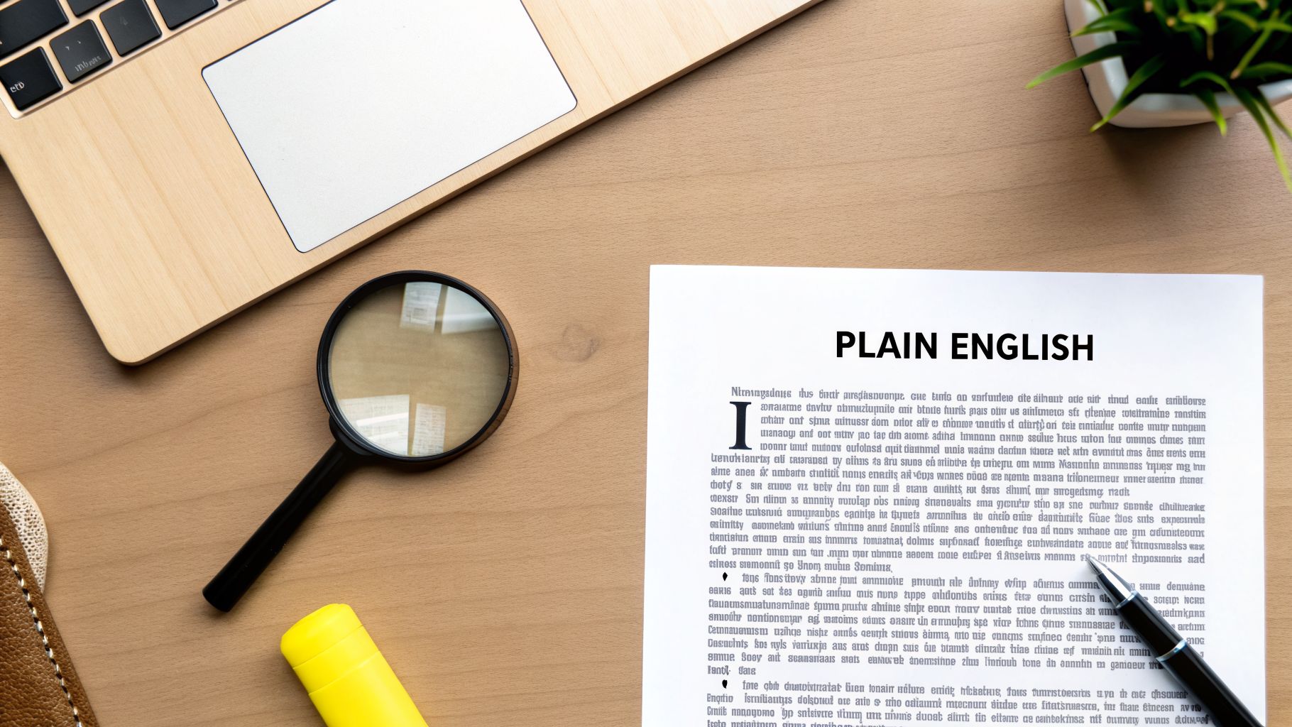 A magnifying glass and a pen rest on a 'Plain English' document next to a laptop.