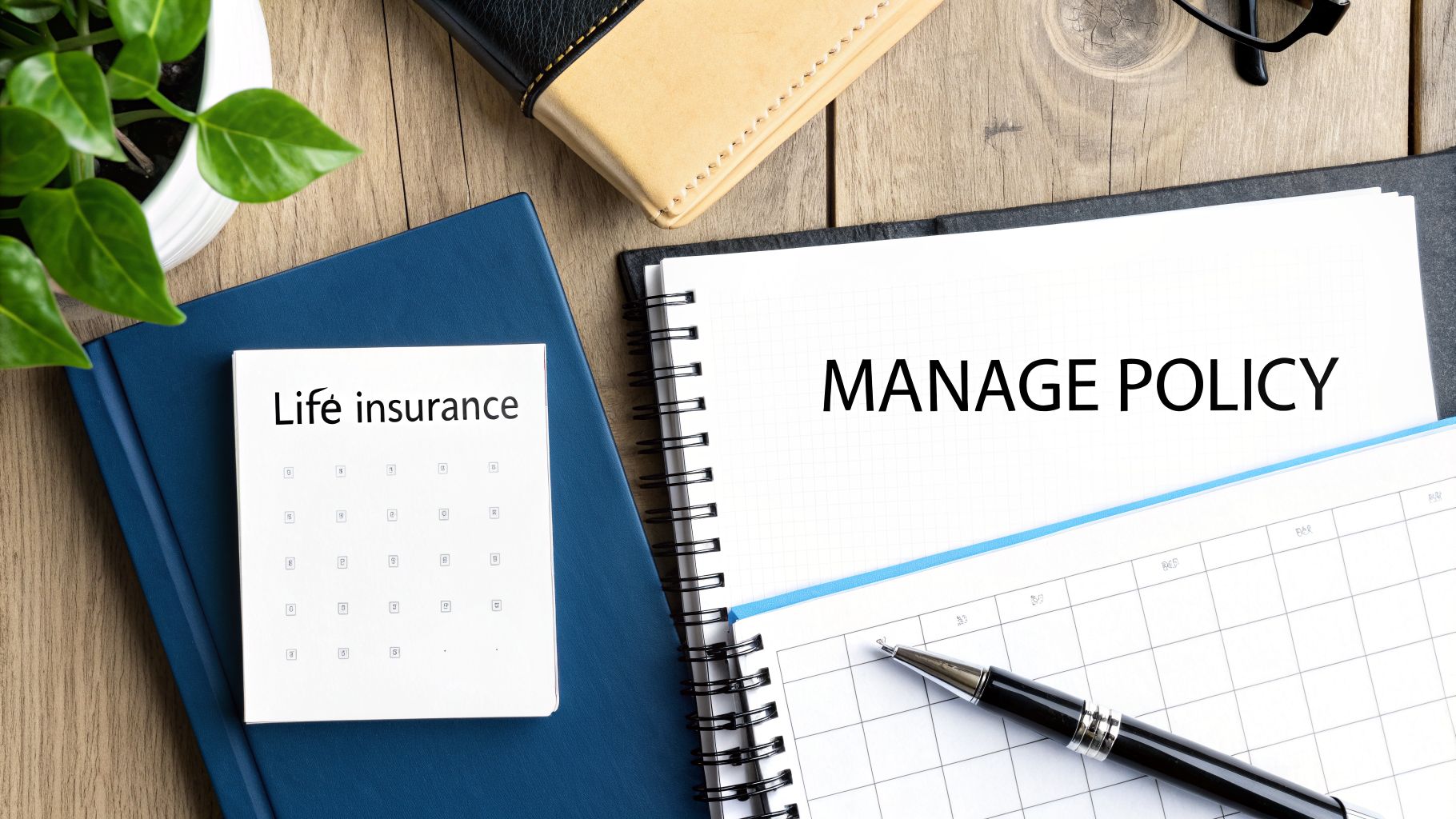 A top-down view of a wooden desk with life insurance documents, a notebook, and a pen.