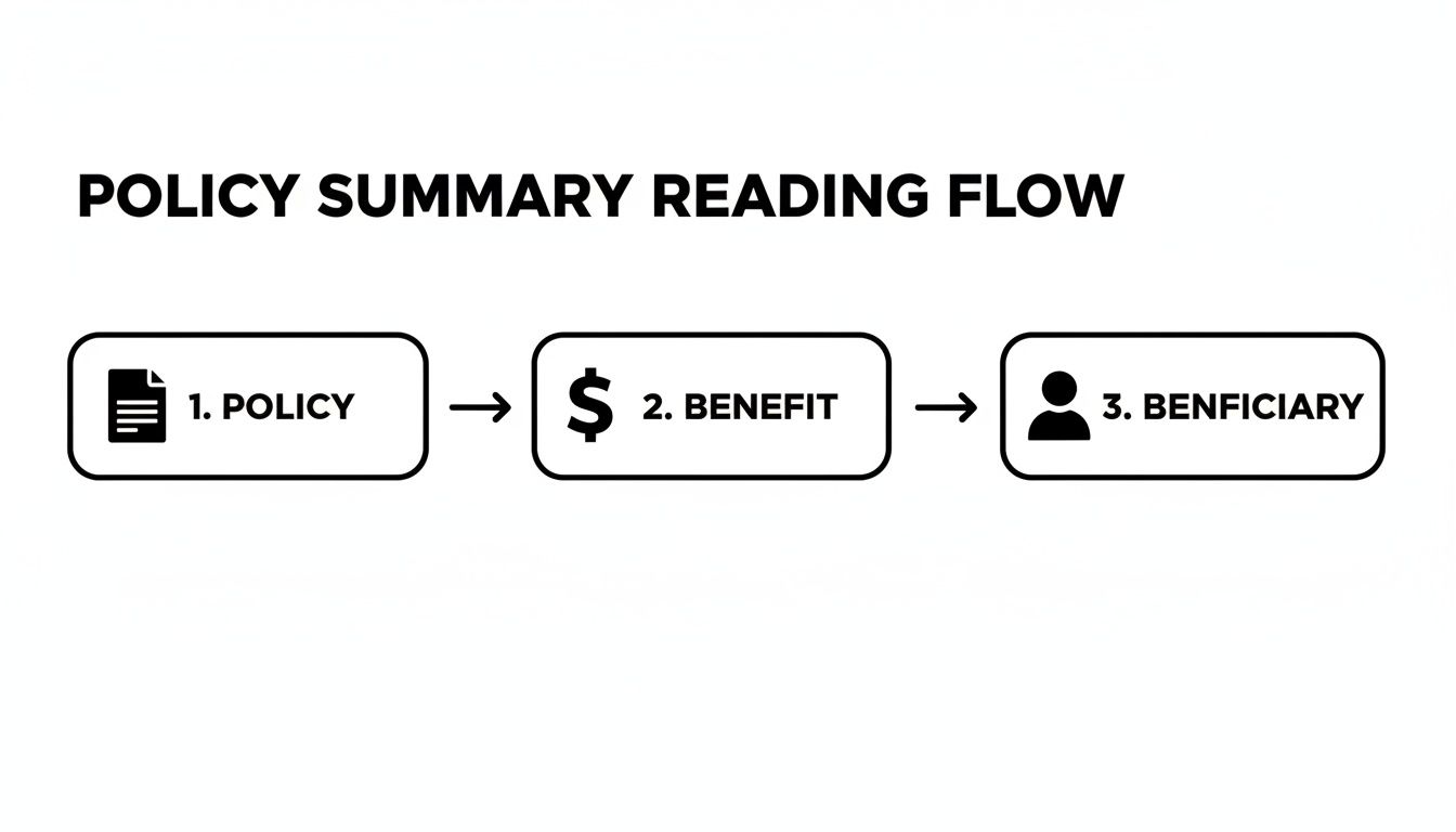 Flowchart illustrating the policy summary reading process: Policy, Benefit, and Beneficiary steps.