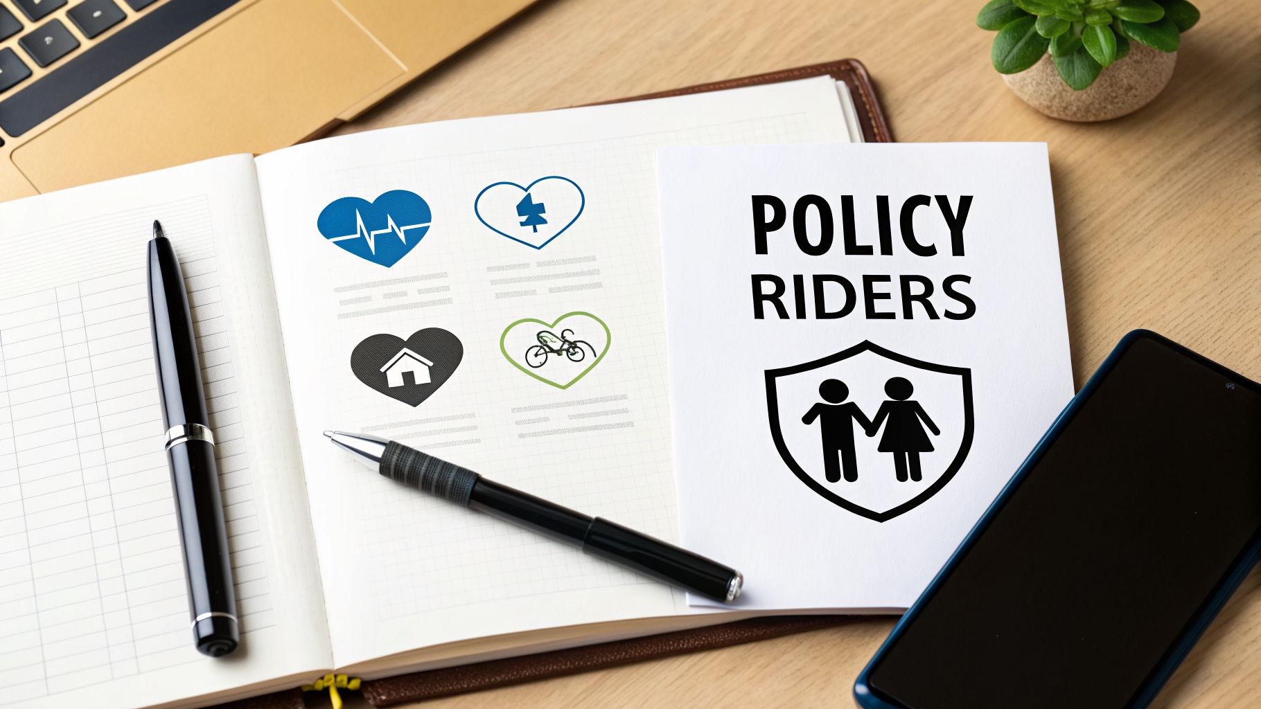 A flat lay shows a notebook with insurance policy rider icons for health, home, nature, and lifestyle, next to a 'POLICY RIDERS' document.