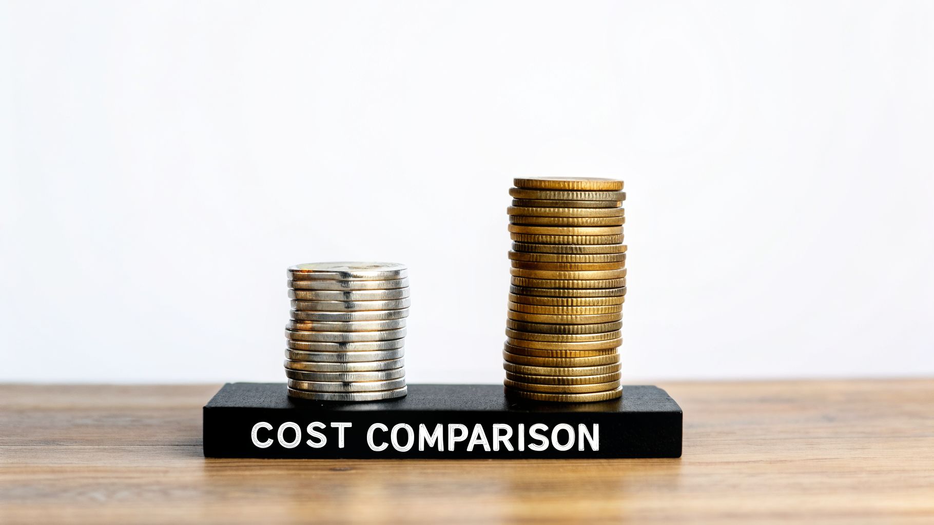 Two stacks of coins, one silver and one gold, on a block labeled 'COST COMPARISON'.