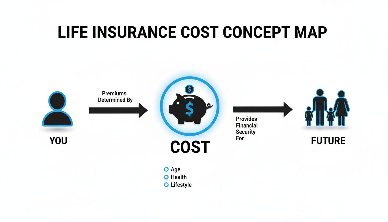 Life insurance cost concept map detailing factors like age, health, and lifestyle determining premiums for future family security.