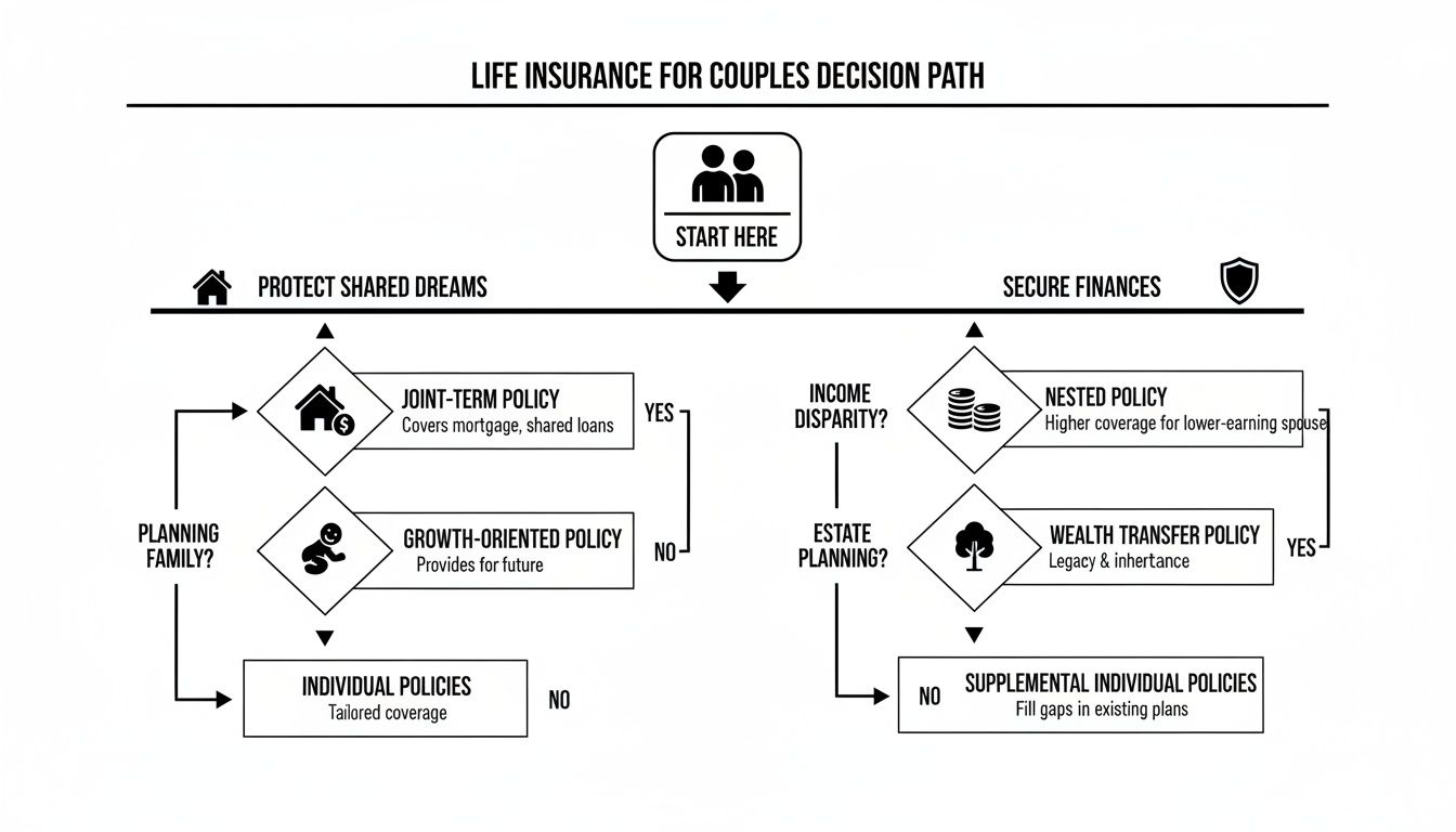 A flowchart illustrating life insurance decision paths for couples, covering policies for shared dreams and financial security.
