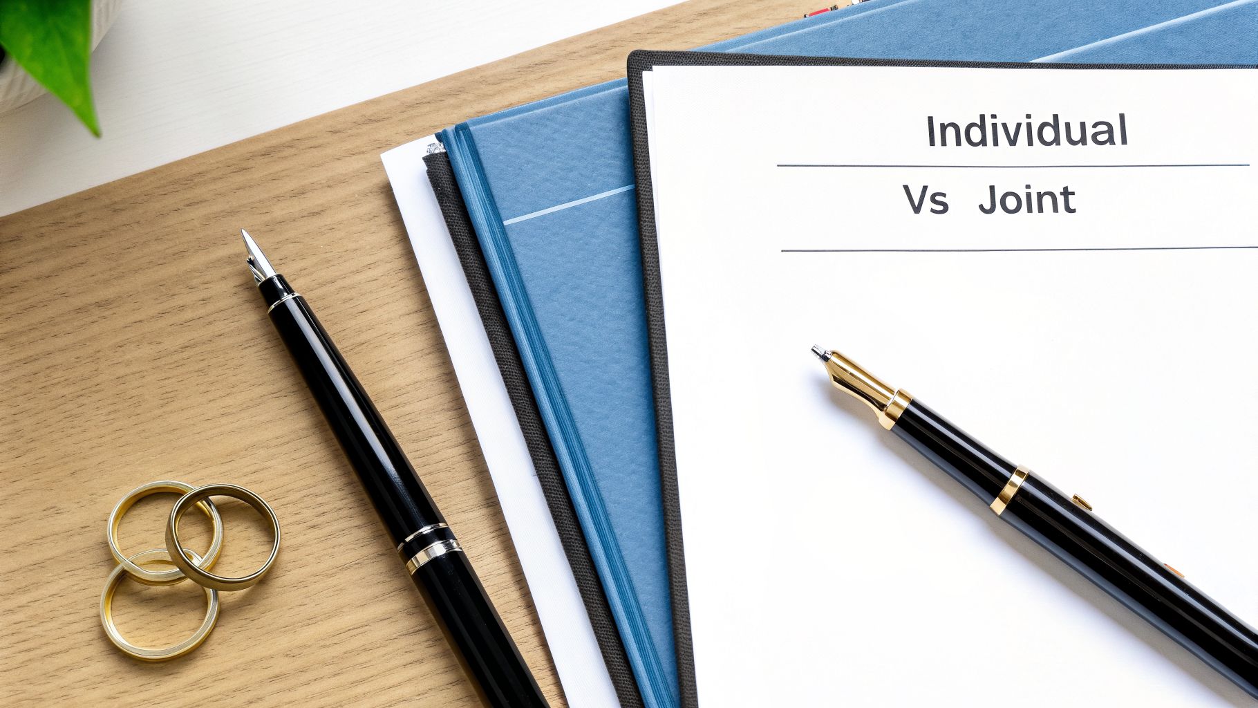 Overhead view of 'Individual Vs Joint' document, pens, and wedding rings on a wooden desk.