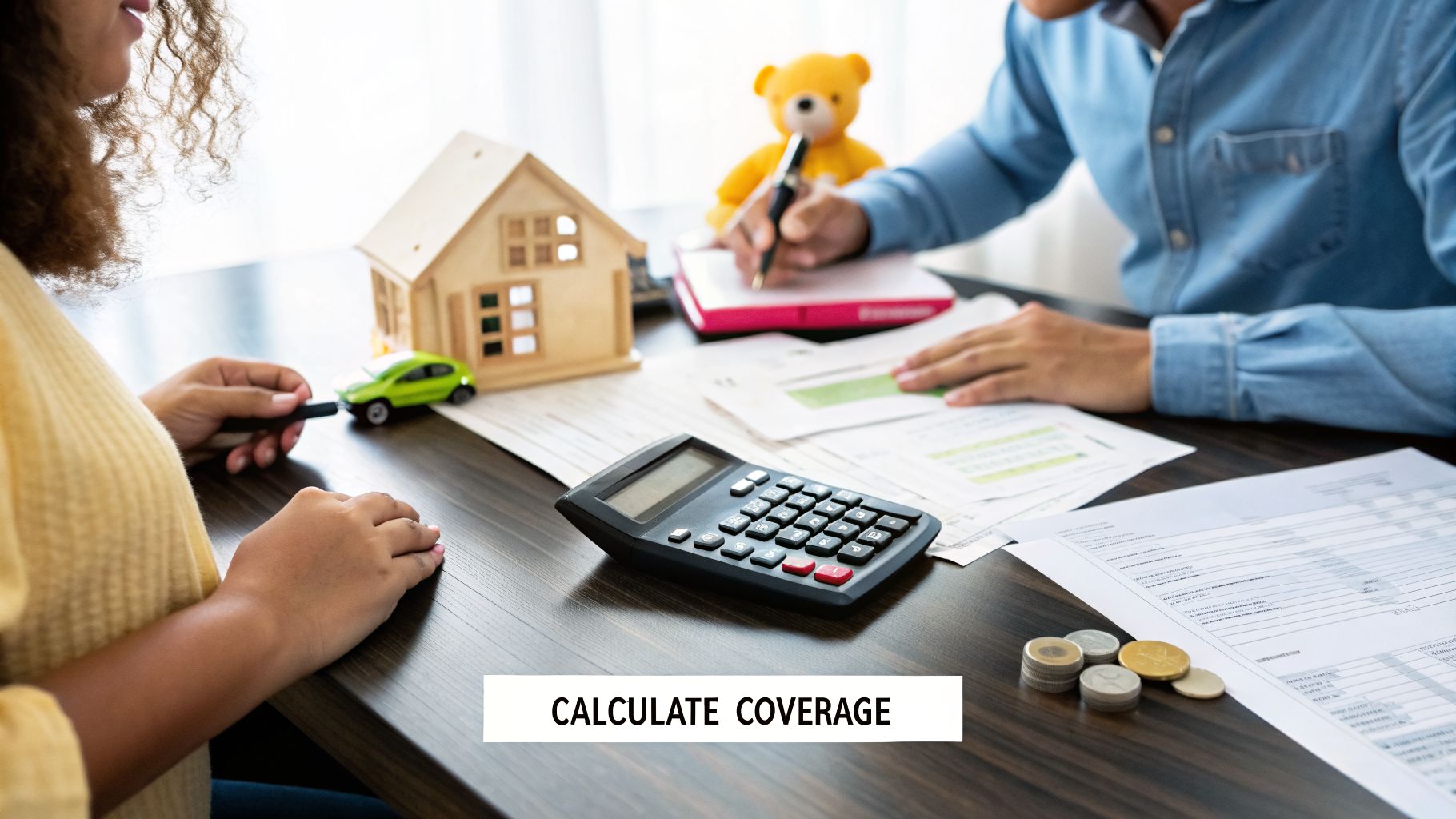 Two people calculating insurance coverage for a house and car on a desk with a calculator.