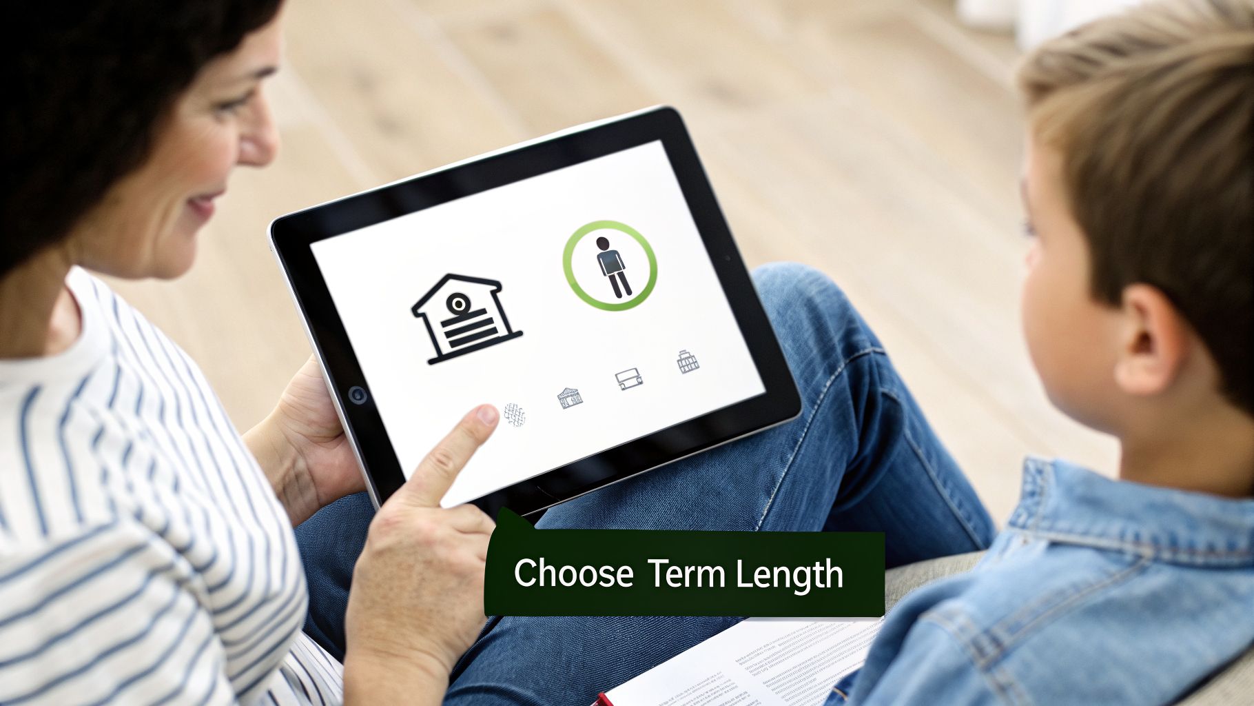 A woman and a child look at a tablet displaying icons, with a hand pointing to options.