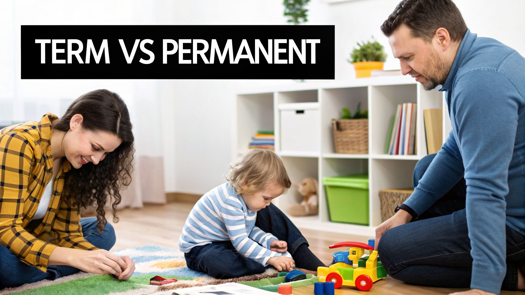 A smiling family, including a mother, father, and child, playing with toys on a rug. Text reads 'TERM VS PERMANENT'.