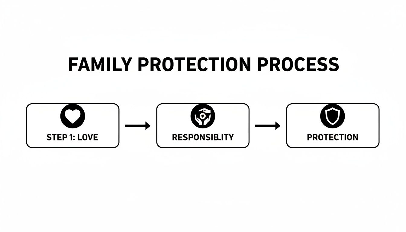 Flowchart illustrating the family protection process: love, responsibility, and protection with corresponding icons.