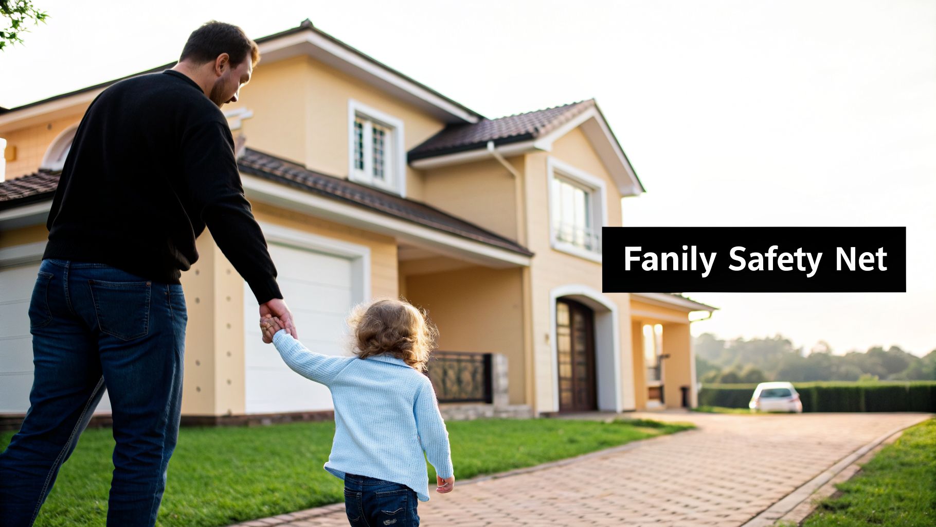 Father and child holding hands, walking towards a large yellow house on a sunny day.