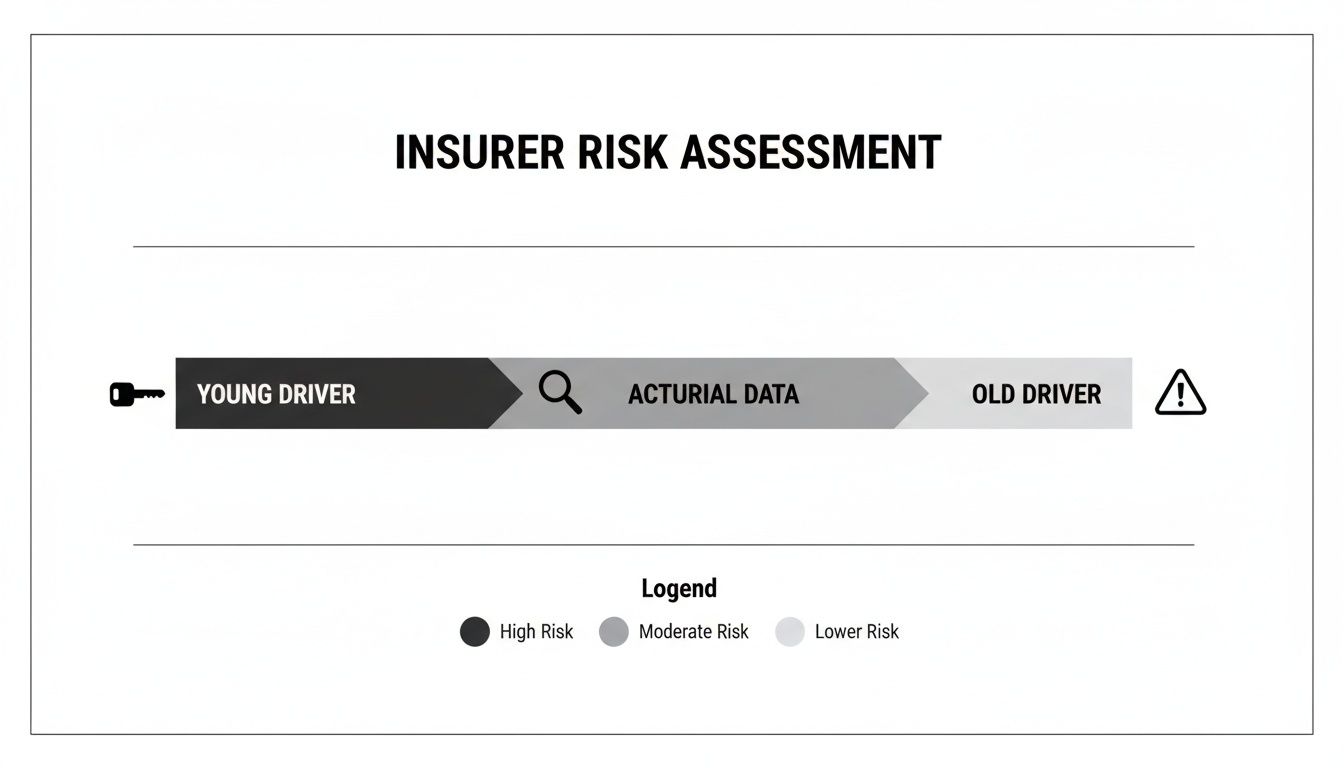An insurer risk assessment visualizes risk levels from young to old drivers, with a legend for high, moderate, and lower risk.