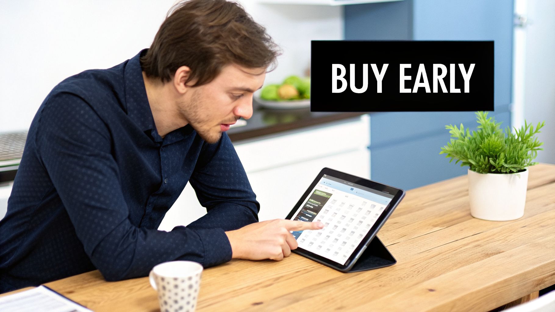 A man in a blue patterned shirt uses a tablet at a wooden table, with a 'BUY EARLY' sign.