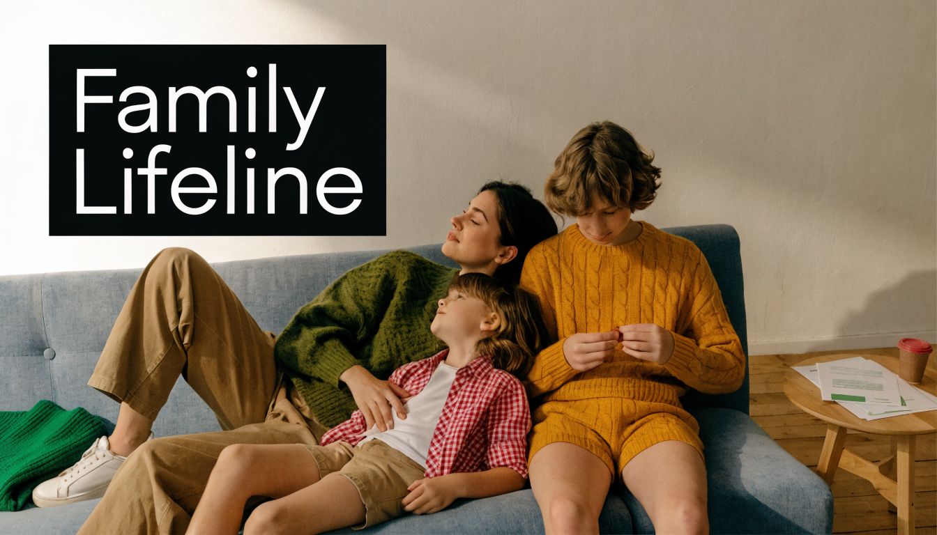 A woman and two children relaxing together on a blue couch in a cozy home environment.