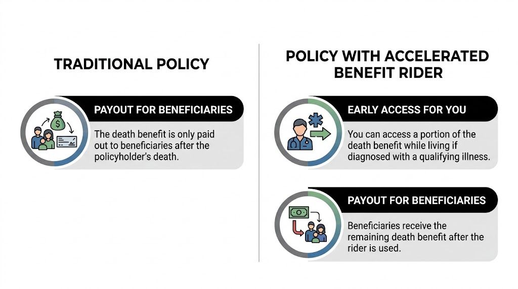 A comparison chart showing how traditional life insurance differs from a policy with an accelerated benefit rider.