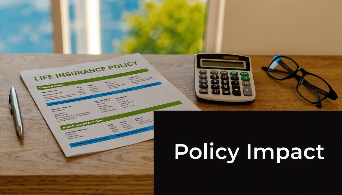 A life insurance policy document sits on a wooden desk next to a calculator and reading glasses.