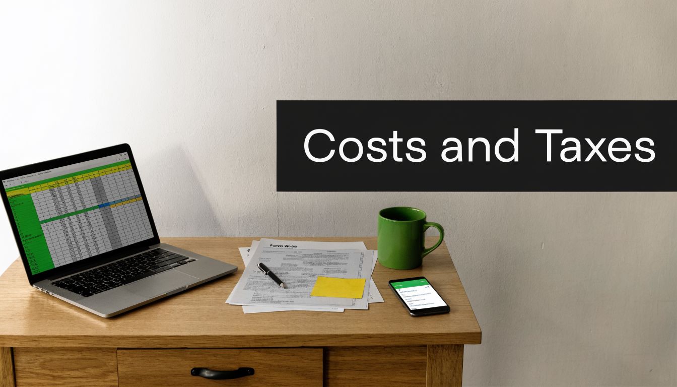 A wooden desk featuring a laptop with a spreadsheet, a pen, a tax form, and a mobile phone.