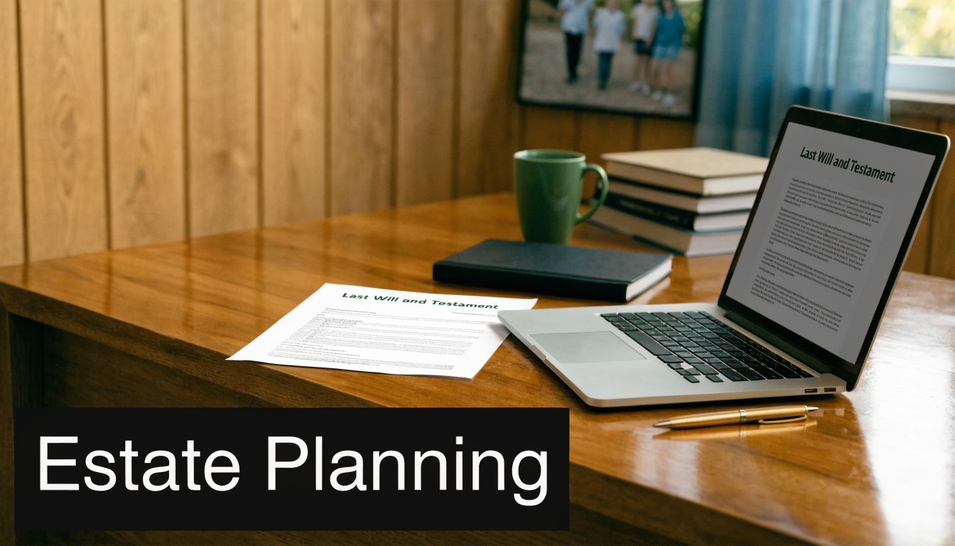A professional desk workspace featuring a laptop, legal documents, and a pen for estate planning tasks.