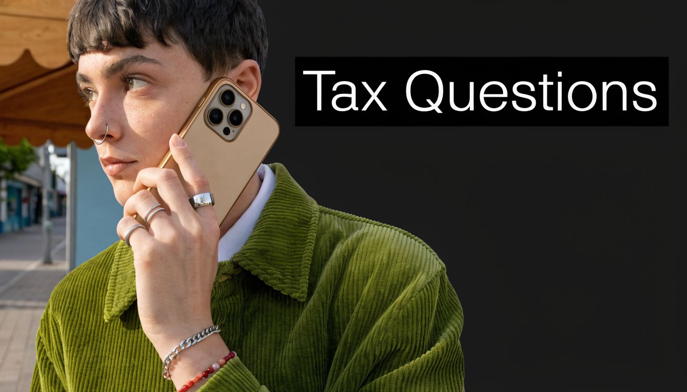 A young person with a nose ring and rings talking on a gold smartphone about tax questions.
