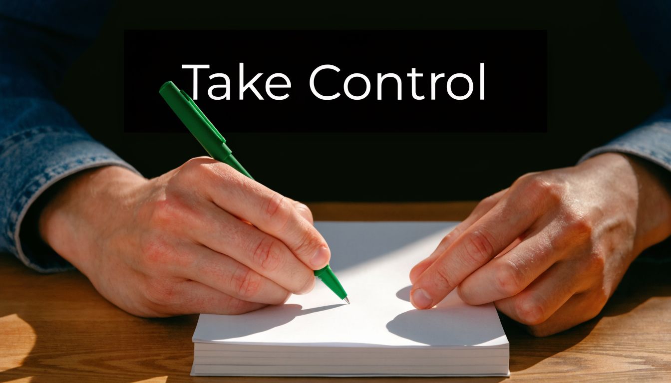 A person writing in a notebook on a wooden desk with the words Take Control overlaid above.