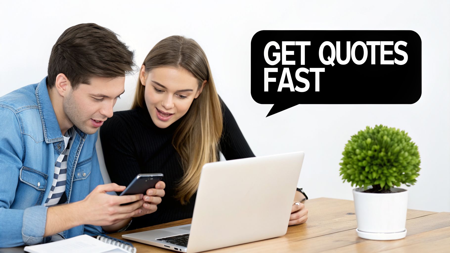 Two young people looking at a smartphone and laptop, with a 'Get Quotes Fast' speech bubble.