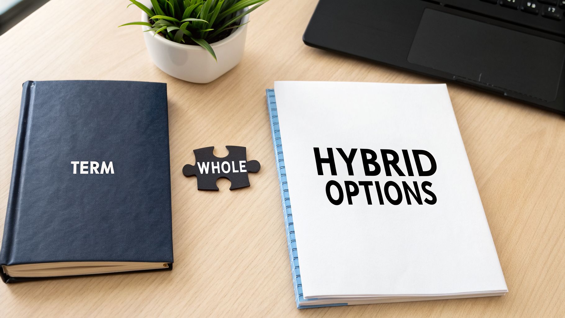A desk with notebooks, one labeled 'TERM', a puzzle piece 'WHOLE', and another 'HYBRID OPTIONS'.