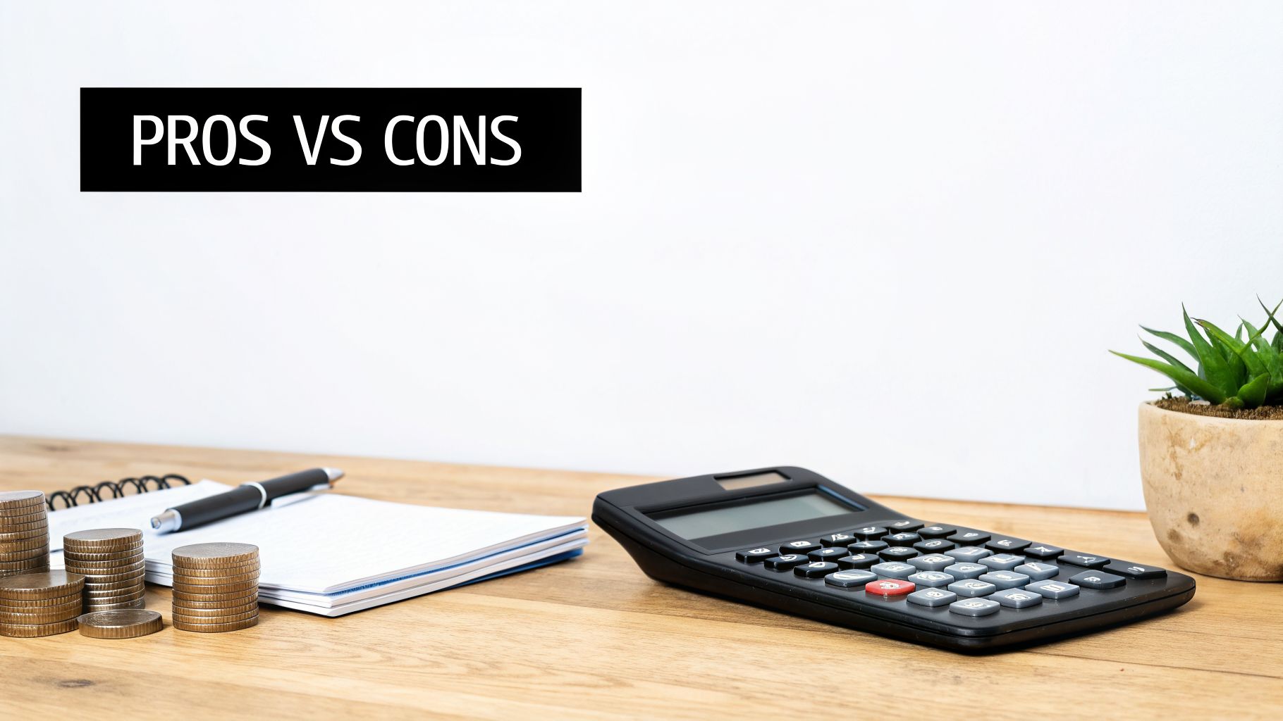A desk with stacked coins, a notepad, calculator, and a plant, featuring 'PROS VS CONS' text.