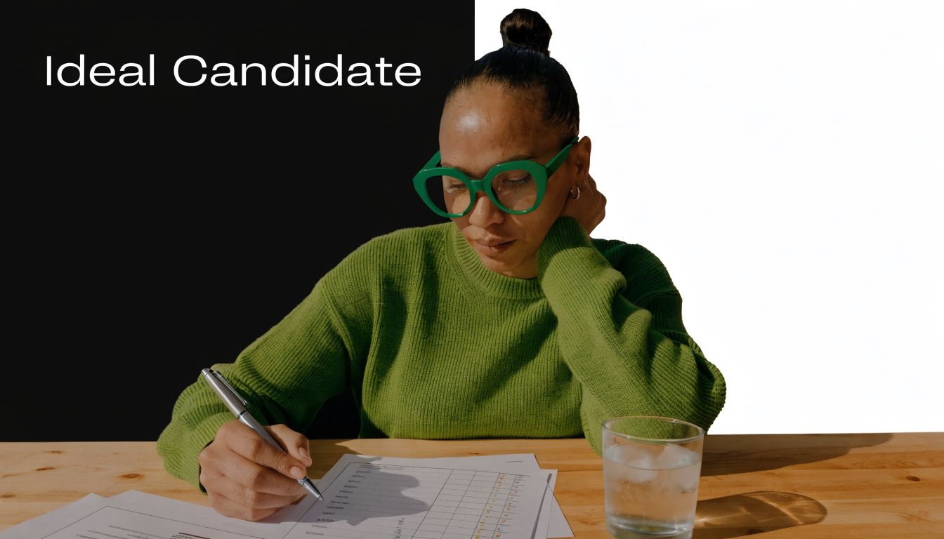 A focused woman wearing green glasses and sweater filling out a form at a wooden desk.