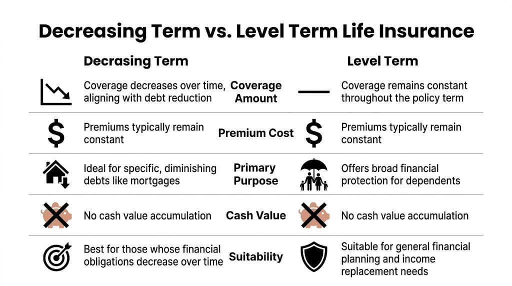 A comparison chart outlining the key differences between decreasing term and level term life insurance policies.