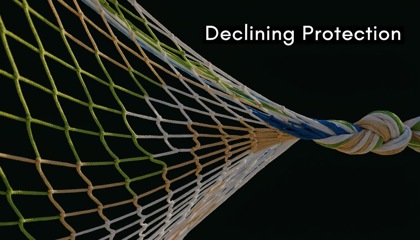 A conceptual image of a multicolored fishing net coming together in a knot labeled Declining Protection.