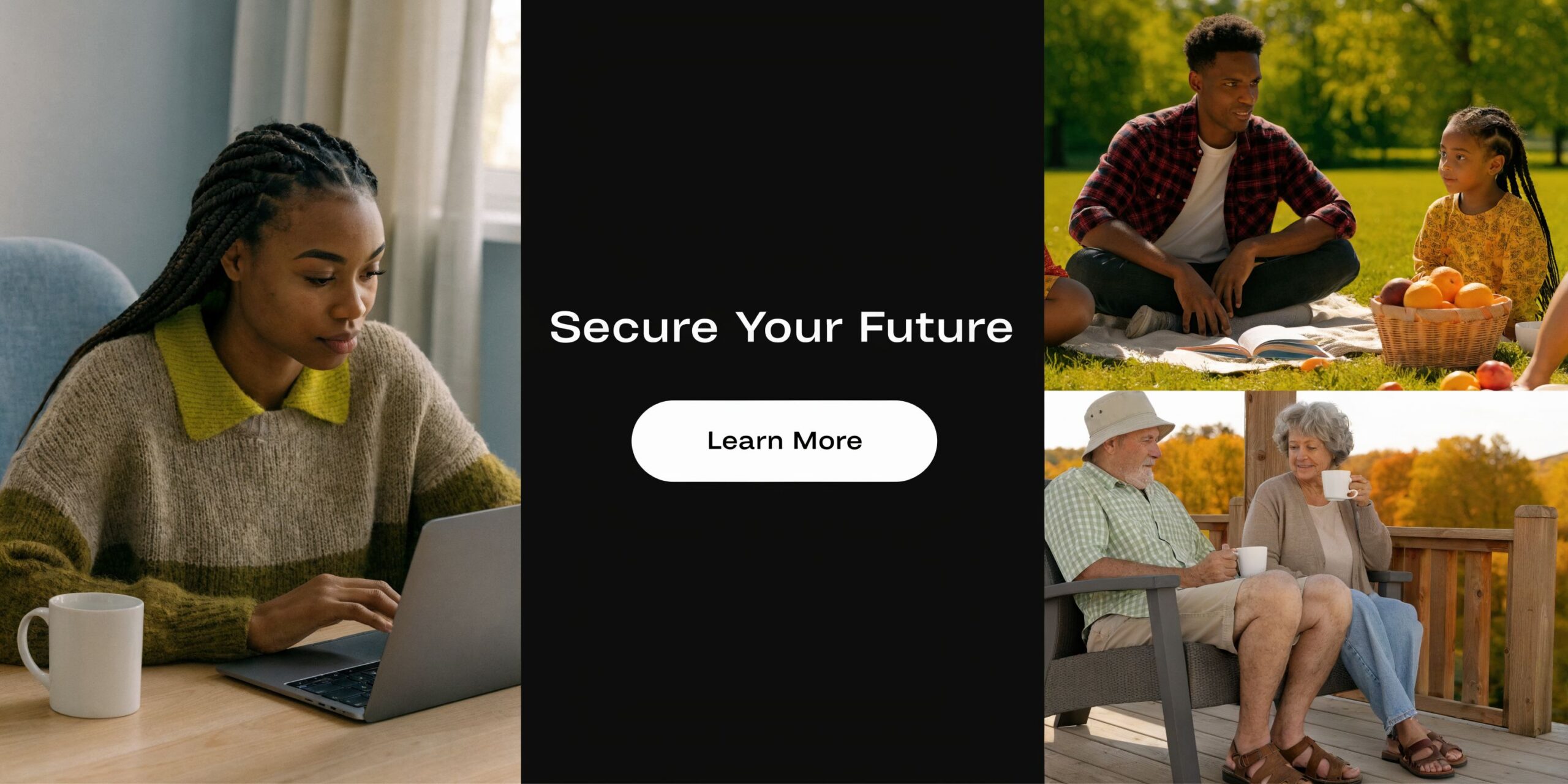 A collage showing a woman working on a laptop, a family picnicking, and an older couple relaxing outside.