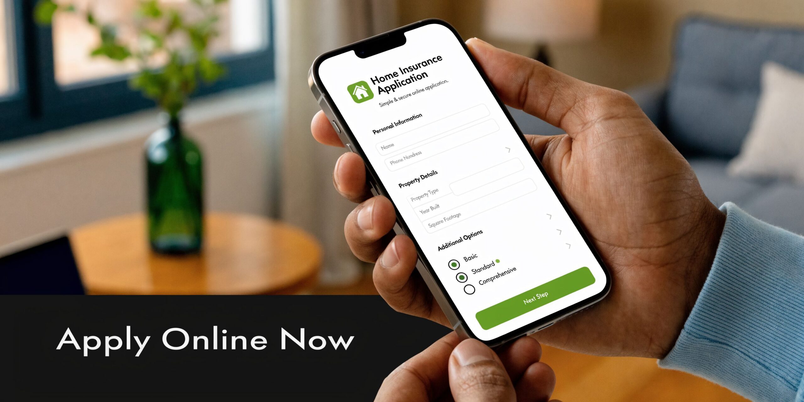 A person using a smartphone to fill out a digital home insurance application form online.