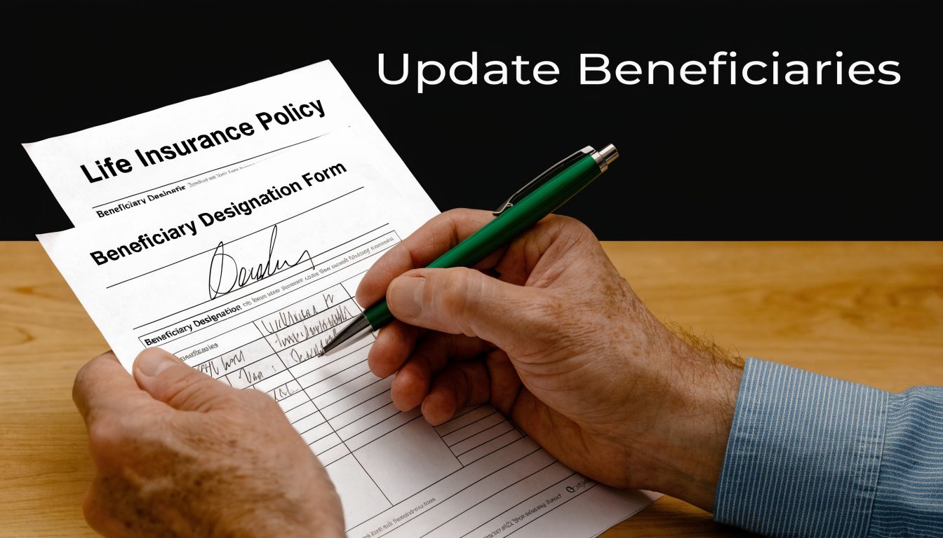 A close-up view of a person filling out a life insurance beneficiary designation form with a pen.