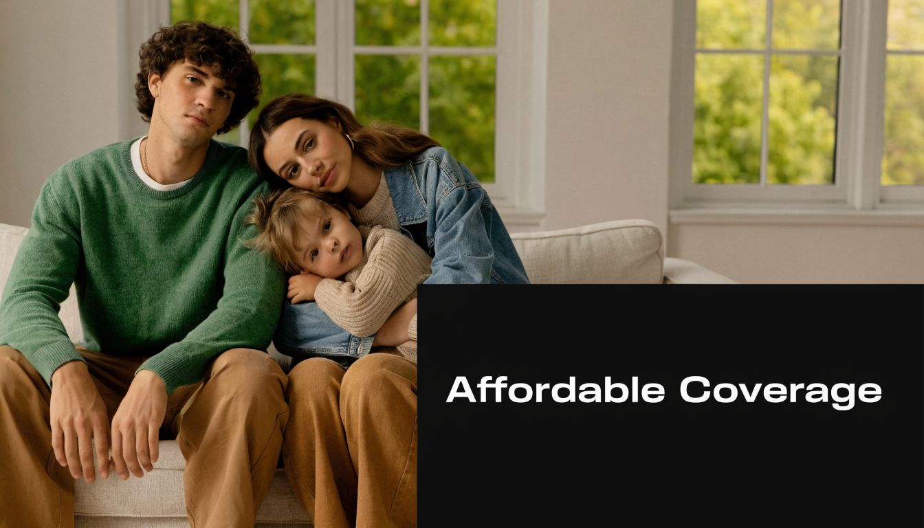 A young family including a man, a woman, and a child sitting together on a couch.